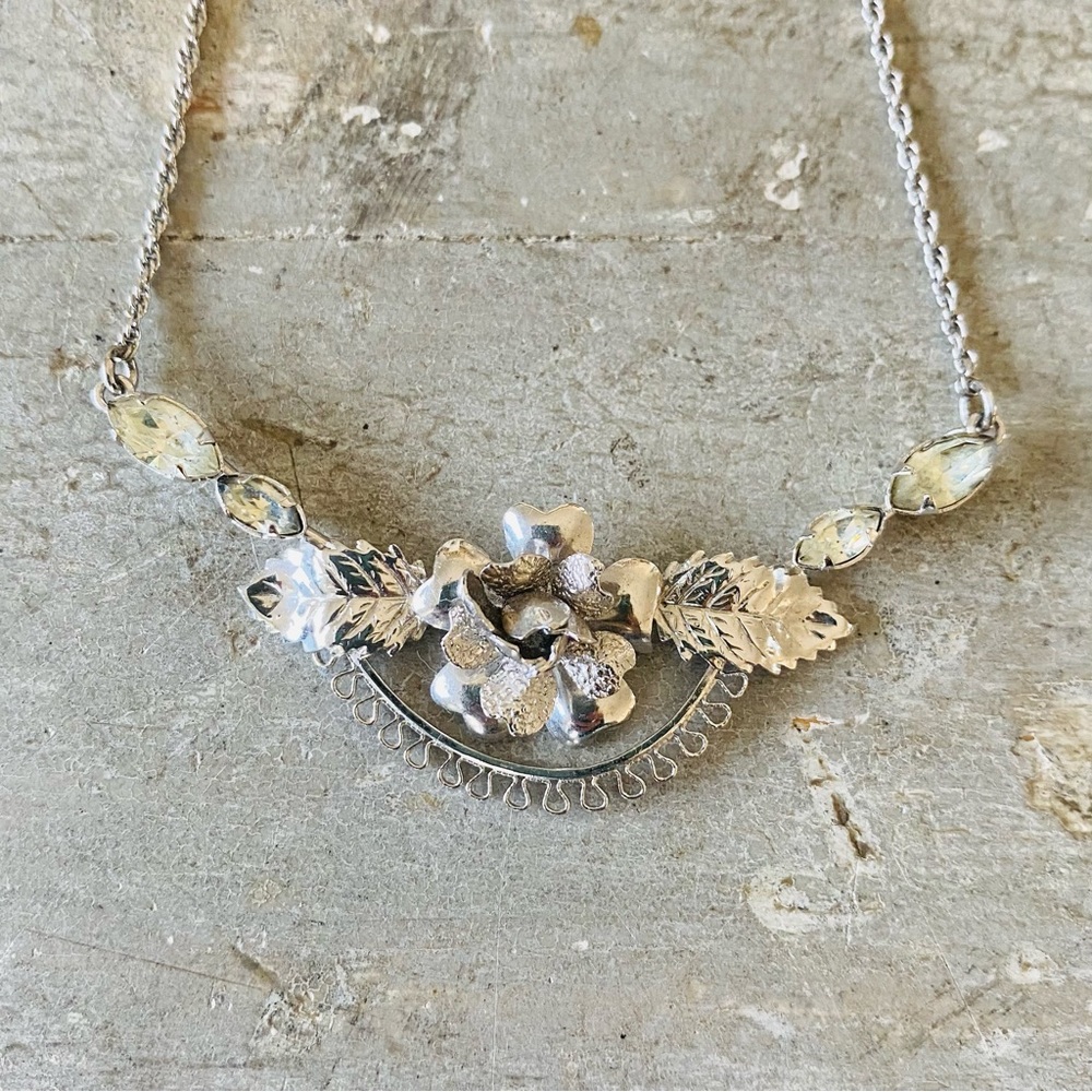 ♥️ Artisan ♥️ Vintage Sterling Silver & Diamond Rose Necklace